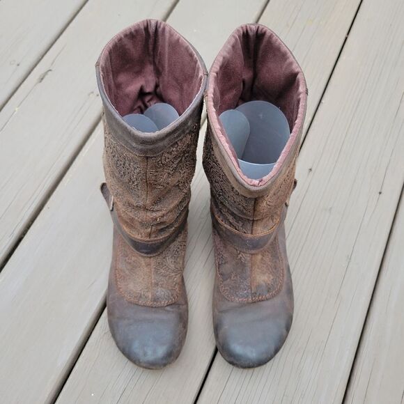 Merrell Haven Embossed Floral Paisley Brown Oiled Leather Mid Calf Boots 7 - Picture 4 of 8